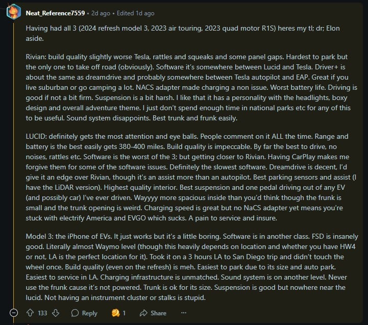 A detailed comparison of three electric vehicles, discussing build quality, software, driving experience, and interior features.