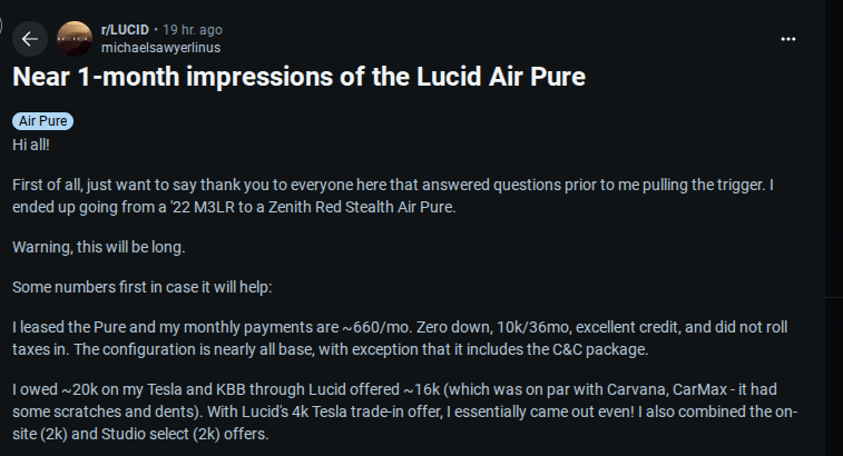 A Reddit post detailing a user's near 1-month impressions of the Lucid Air Pure, including financial insights and vehicle specifications.