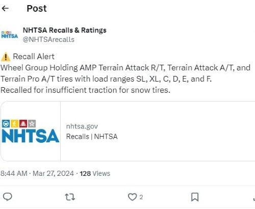 NHTSA Tweet About the Recall
