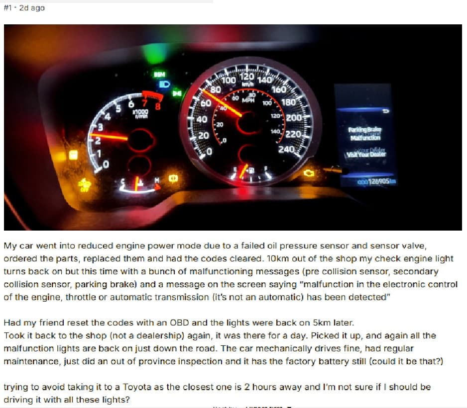 Screenshot of a Toyota Nation thread, discussing oil-pressure and electrical issues on a 2020 Toyota Corolla