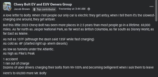 A post celebrating the adventures of a 2023 Chevy Bolt, highlighting its extensive travel, charging experiences, and lively anecdotes.