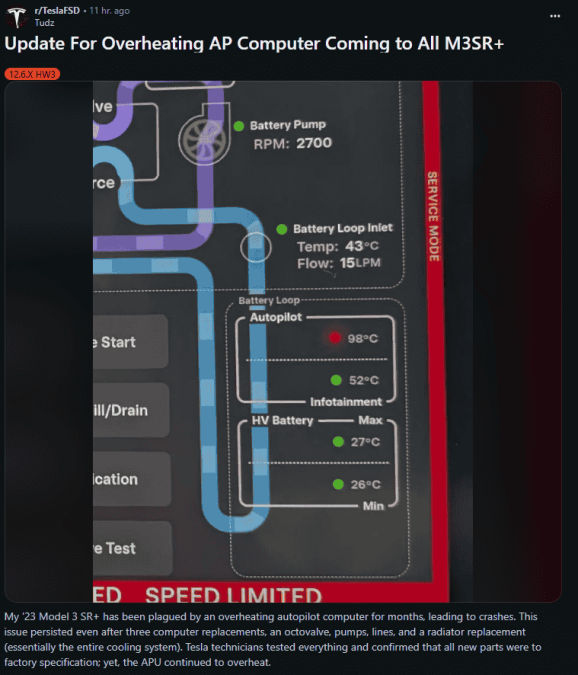Diagram detailing overheating issues in a Tesla Model 3 SR+ autopilot system, showing temperatures and flow rates in various components.