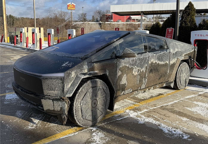 Haroon's 2024 Tesla Cybertruck being charged in the cold