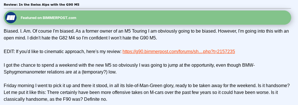 A review excerpt highlighting the writer's bias as a former M5 owner, discussing the G90 M5's appearance and driving experience.