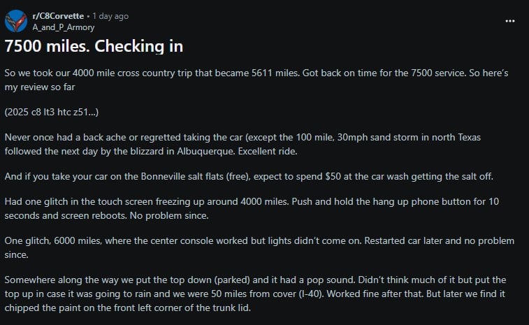 A user shares their experience of a 7500-mile road trip in a C8 Corvette, detailing issues and highlights from the journey.