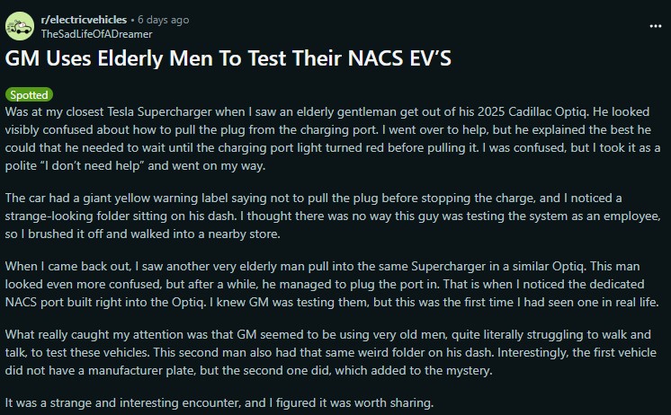 An elderly man appears confused at a Tesla Supercharger, struggling to use a 2025 Cadillac Optiq's charging system, surrounded by warning signs.