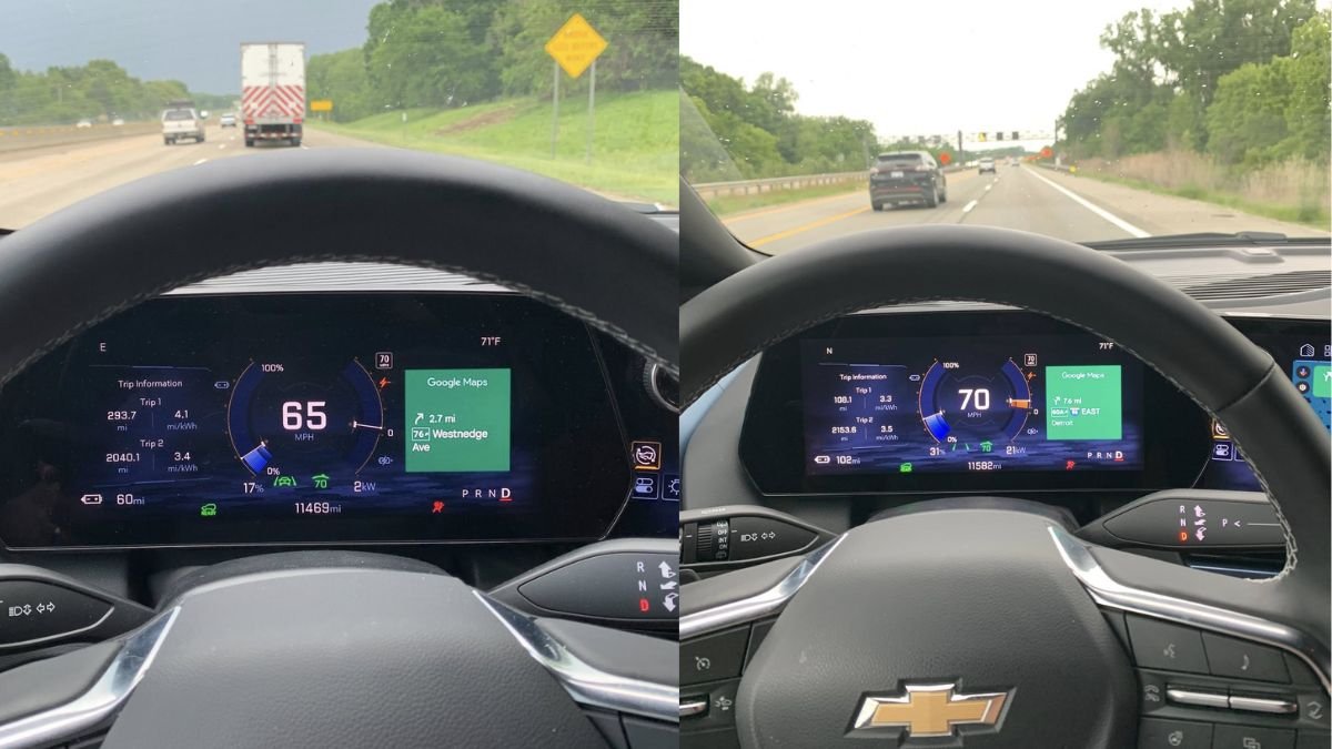 Dashboard view of a car displaying speed (65/70 mph), trip information, and navigation guidance. Roadway and vehicles visible in background.