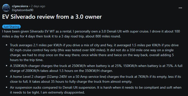 User shares a review of the EV Silverado, detailing efficiency, charging times, and poor air suspension compared to Denali model.