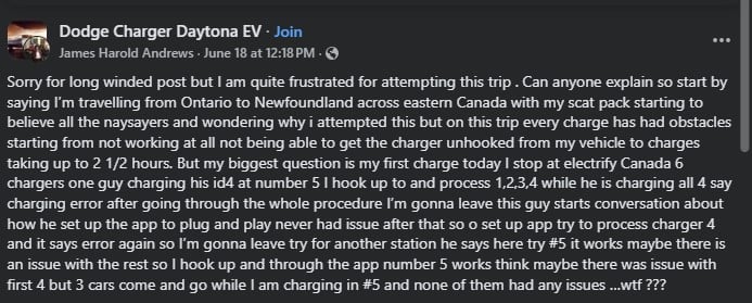 Frustrated traveler shares challenges faced while charging an electric vehicle on a cross-country trip from Ontario to Newfoundland.