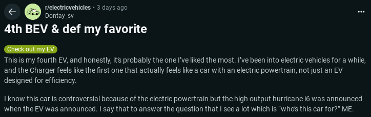A user shares enthusiasm for their fourth electric vehicle, the Charger, praising its performance and appeal over standard EVs.