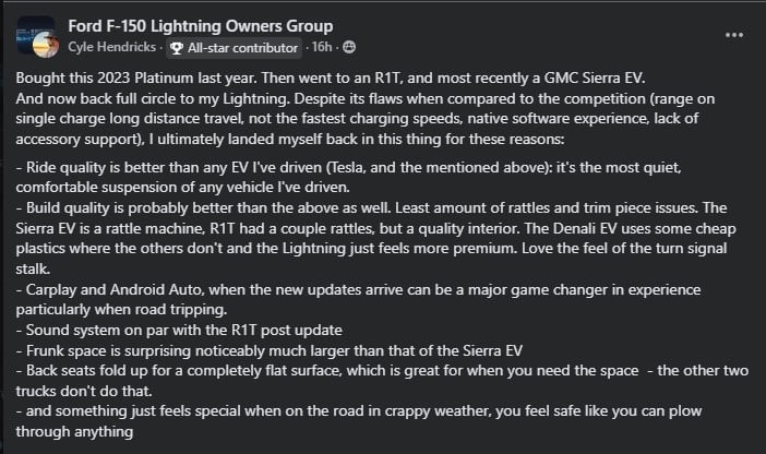 User shares a detailed review of the 2023 Ford F-150 Lightning, comparing it to GMC Sierra EV and R1T, highlighting its ride quality and features.
