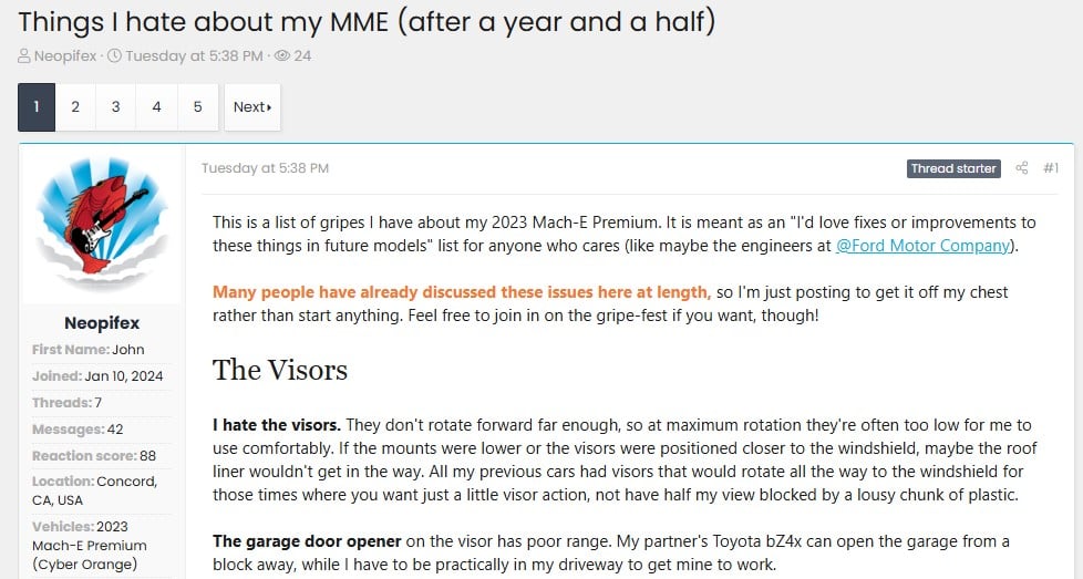 A forum post by user Neopifex discussing grievances about their 2023 Mach-E Premium, including visor design and garage door opener placement.