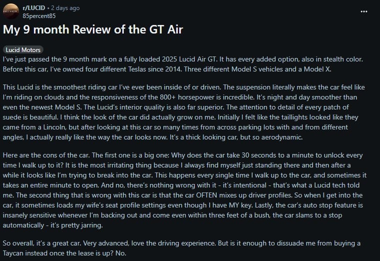 A user shares a detailed review of their 9-month experience with the 2025 Lucid Air GT, highlighting its smooth ride and advanced features.