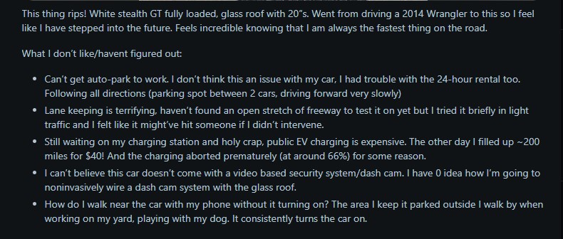 A person shares their excitement about their new electric car, noting futuristic features, but also struggles with auto-park and charging issues.