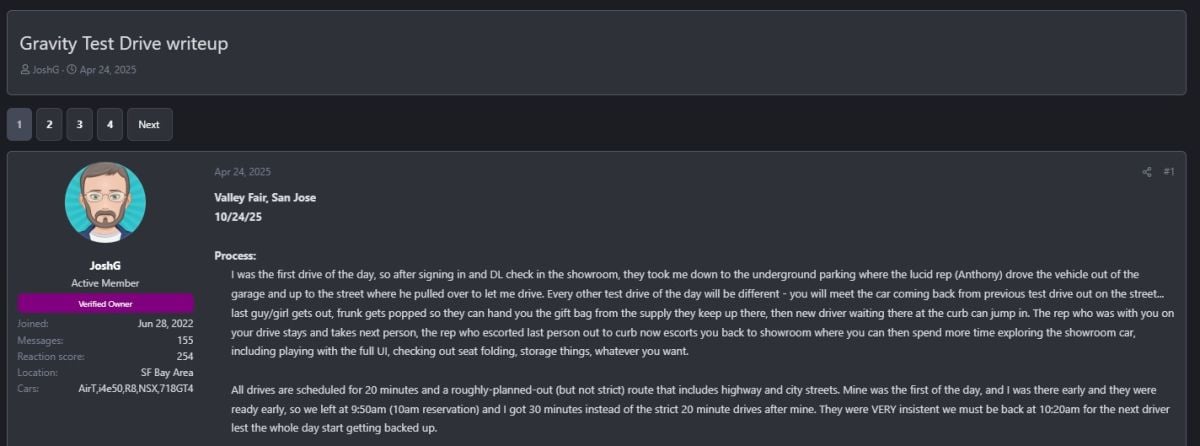 A user shares their experience at a car test drive event at Valley Fair in San Jose, detailing the process and interaction with staff.