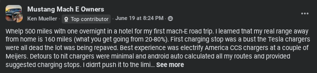 A user shares their first Mach-E road trip experience, highlighting charging challenges and route planning with Android Auto.