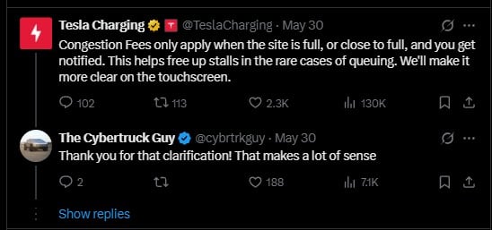 Twitter conversation about Tesla's congestion fees, with Tesla Charging explaining the policy and The Cybertruck Guy expressing gratitude for clarification.