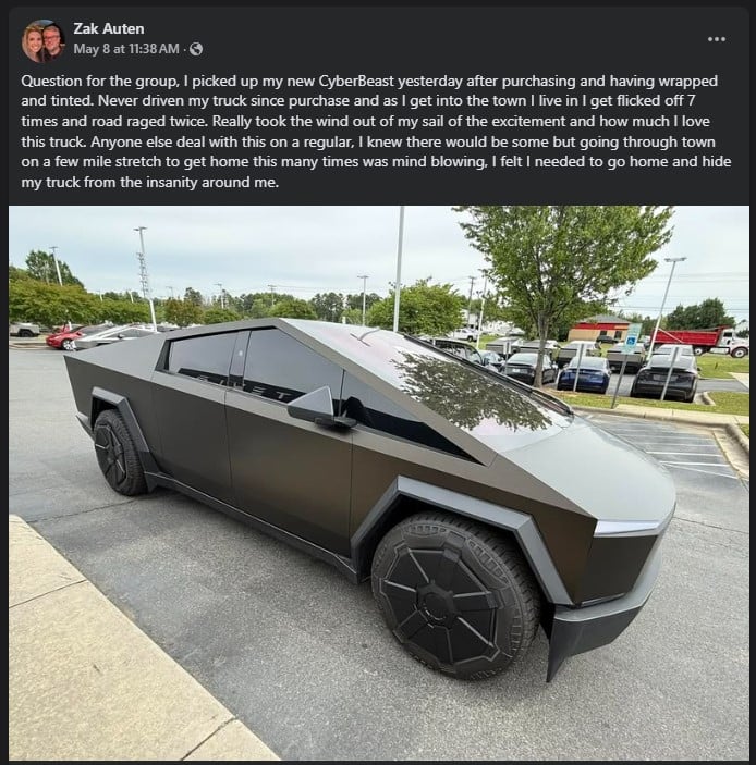 A person shares their experience of driving their new 2025 Tesla CyberTruck, facing road rage and excitement in their first outing.