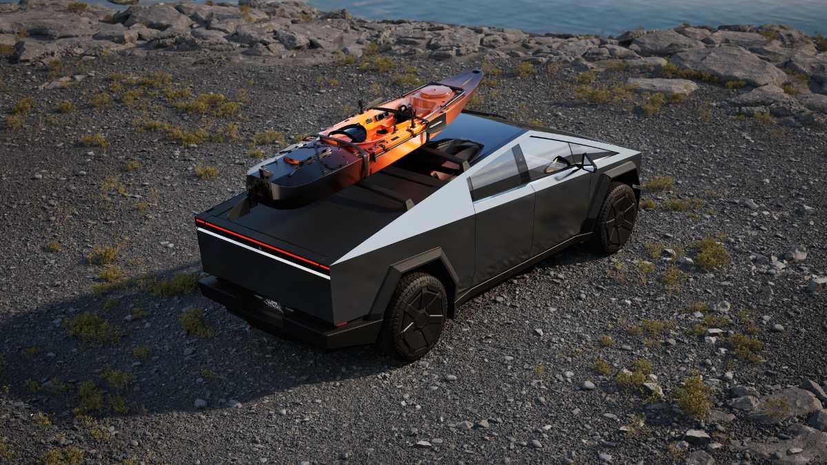 Stainless steel Tesla Cybertruck with bright orange kayak on rocky terrain, angular design with sharp geometric lines