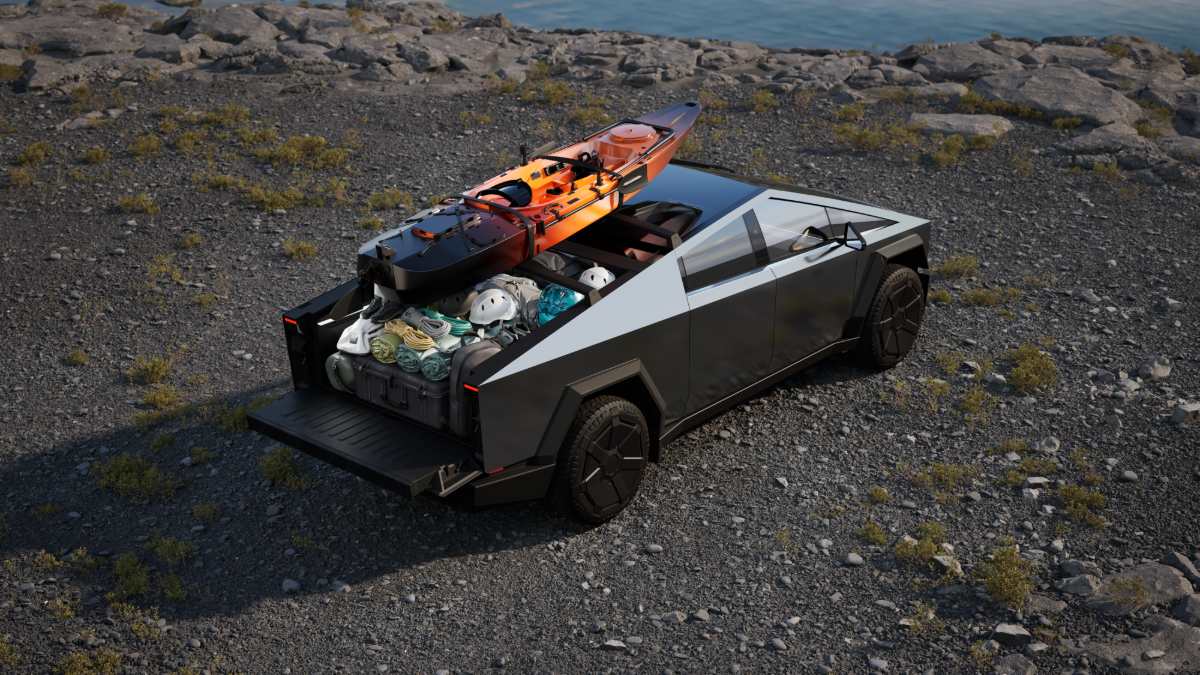 Black Tesla Cybertruck electric pickup truck parked on rocky terrain near water, featuring orange kayaks mounted on bed racks, with camping gear visible in the truck bed.