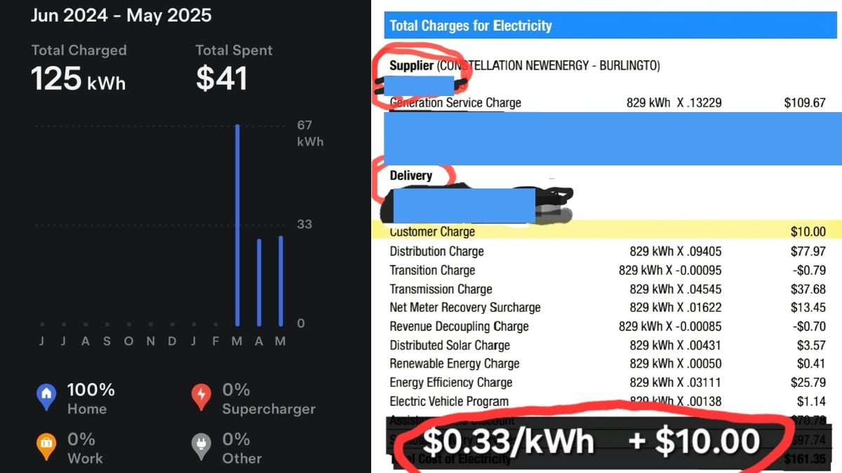 Graph showing electricity usage (125 kWh) and charges ($41) from June 2024 to May 2025, with detailed charge breakdown.