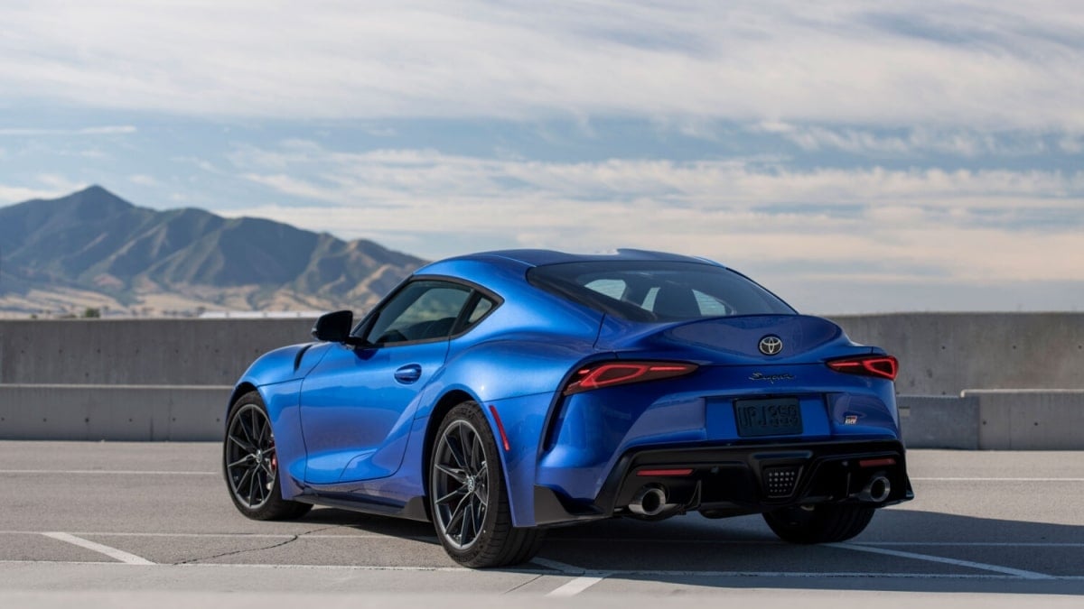 2025 Toyota GR Supra Stratosphere Blue rear 3/4 view