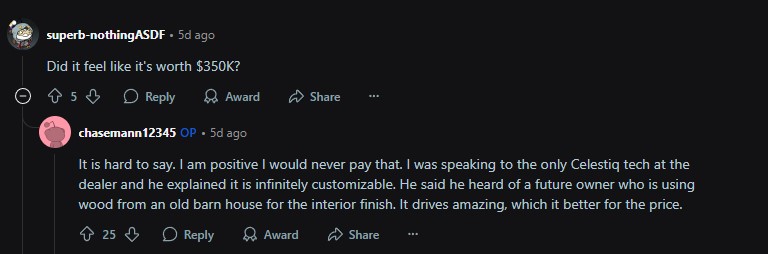 Conversation about the value and customizability of a $350K Celestiq vehicle, highlighting its impressive performance and features.