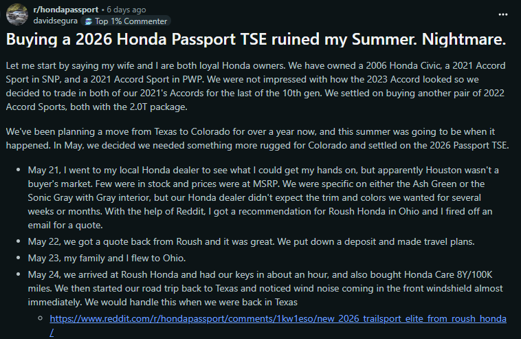 A Reddit user shares their frustrating experience of buying a 2026 Honda Passport TSE, detailing challenges in the process and travel to Ohio.