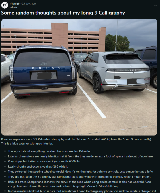 Blue Ioniq 5 and silver 2025 Hyundai Ioniq 9 electric SUVs parked side by side in parking lot with unique rear design