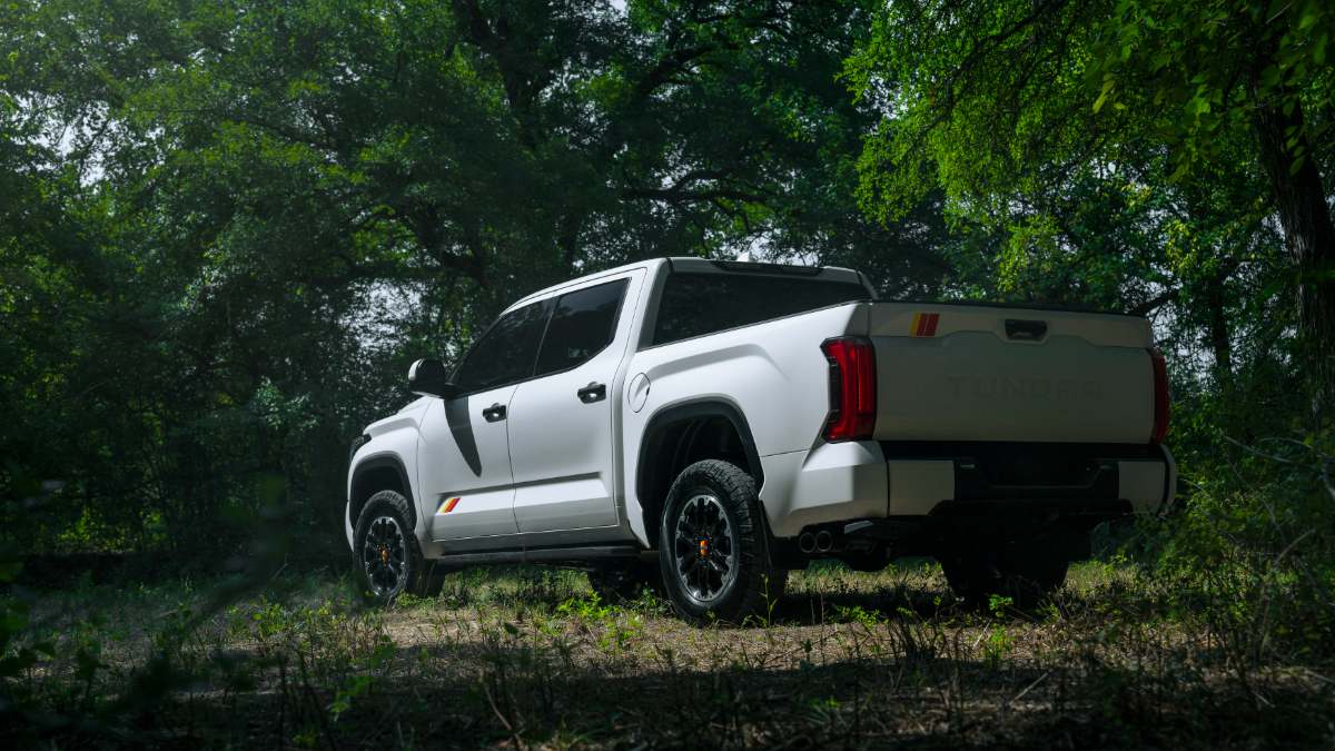 Toyota Tundra, pearl white, rear three-quarter view, featuring black accents and custom wheels, photographed in wooded natural setting.