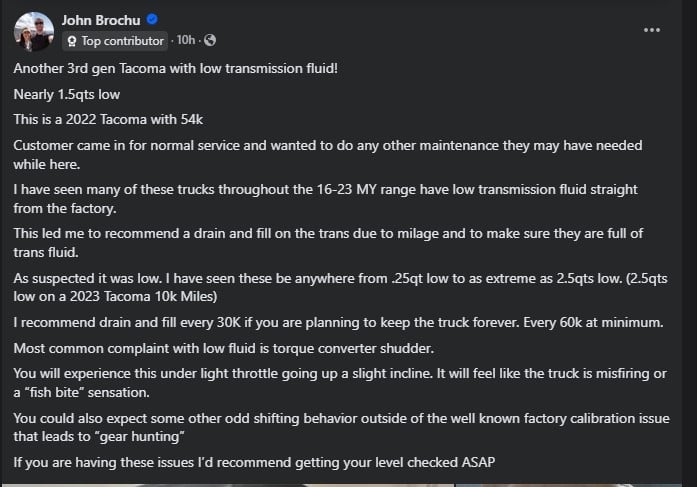 A Facebook post by John Brochu discussing low transmission fluid issues in 2022 Tacoma trucks, emphasizing maintenance recommendations.