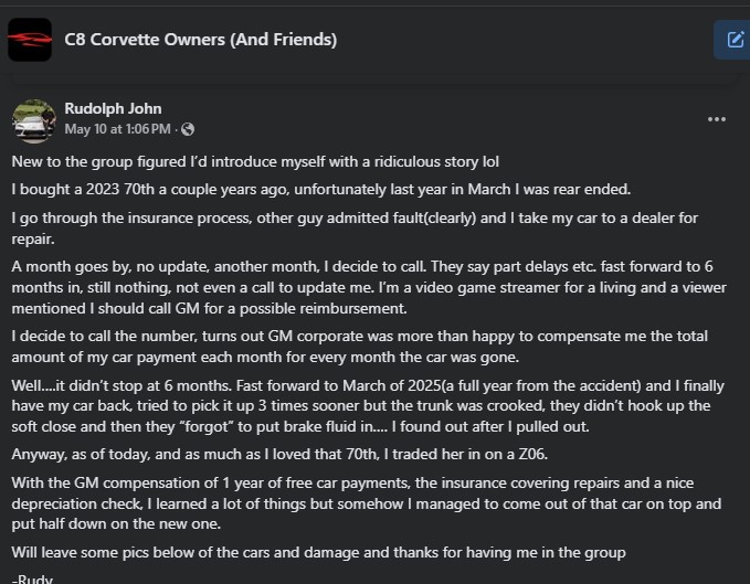 A member shares their story about a rear-ended 2023 Corvette 70th, dealing with repairs, compensation, and eventually trading it for a Z06.