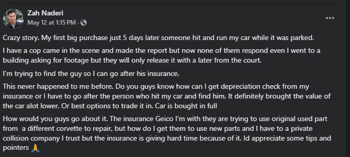 A social media post detailing a car accident, insurance challenges, and seeking advice on dealing with the aftermath and repairs.