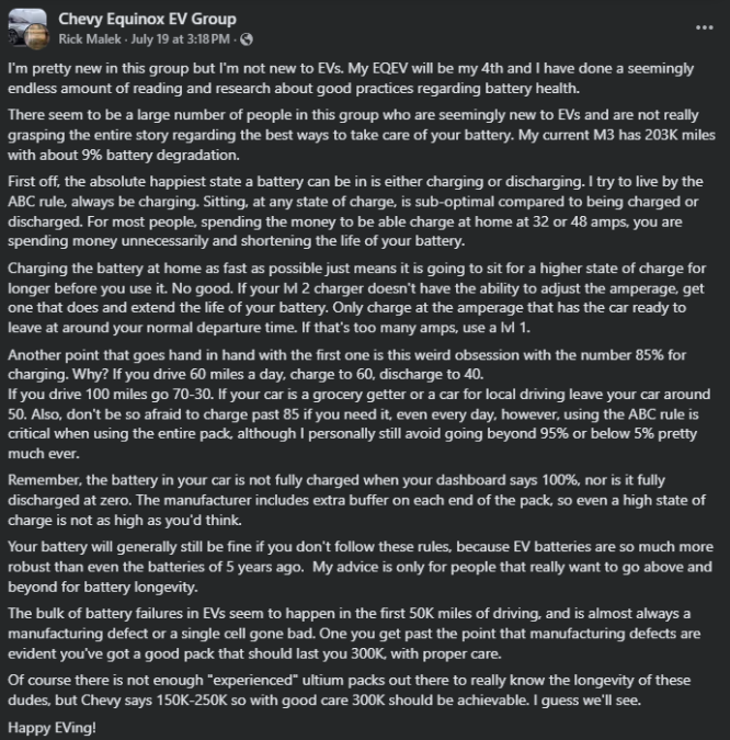 A detailed Facebook post discusses best practices for maintaining Chevy Equinox EV battery health, emphasizing charging habits and longevity tips.