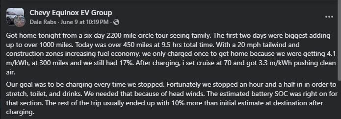A post detailing a family's 2200-mile EV road trip, highlighting charging efficiency, travel conditions, and battery performance.
