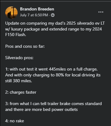 A Facebook post detailing the pros and cons of comparing a 2025 Silverado EV LT to a 2024 F150, highlighting performance and features.
