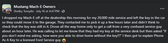A Facebook post recounts a humorous encounter at the dealership regarding a Mustang Mach-E's keyless driving feature.