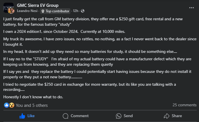 A Facebook post discussing a GMC truck owner's concerns about a battery study offer from GM, including a $250 gift card and free rental.