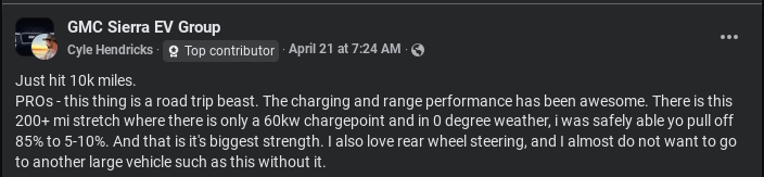 User shares experience with a GMC Sierra EV after reaching 10,000 miles, praising its charging, range, and rear-wheel steering.