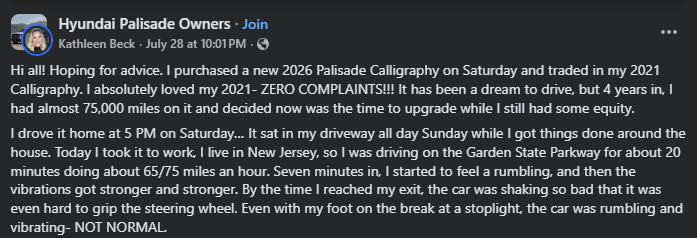 A Facebook post from Kathleen Beck seeking advice about her new 2026 Hyundai Palisade Calligraphy experiencing severe vibrations while driving.
