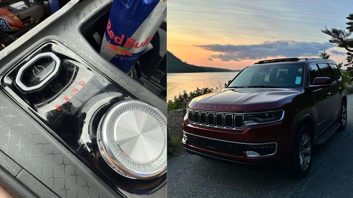 Close-up of a vehicle's gear selector showing P, R, N, D, alongside a red Jeep SUV parked by a serene lakeside at sunset.