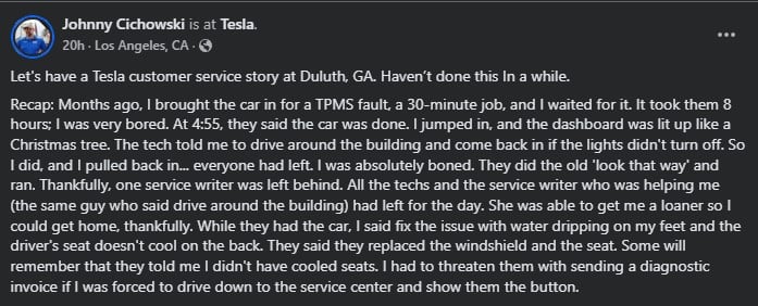 A customer recounts a frustrating Tesla service experience, detailing long wait times, misinformation, and unresolved issues with their vehicle.
