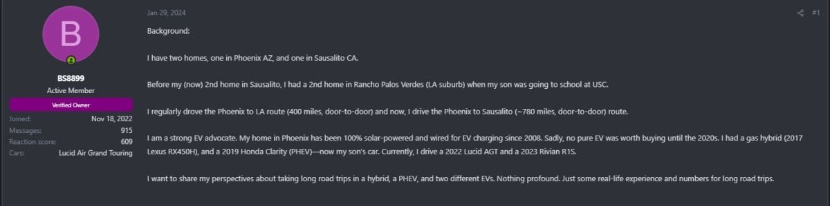 User profile with a purple icon, sharing experiences on EV ownership, home locations, and road trip insights.