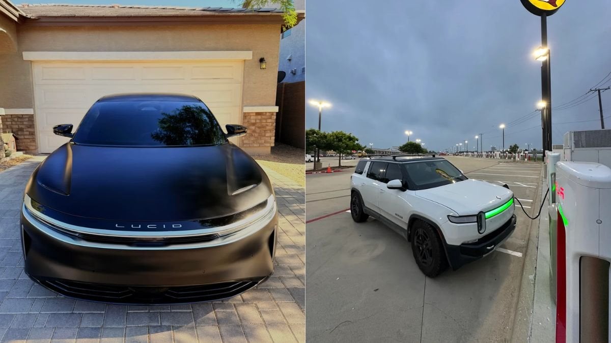 Side-by-side view of a black Lucid Air Touring in a driveway and a white Rivian R1S vehicle charging at a station under a cloudy sky.