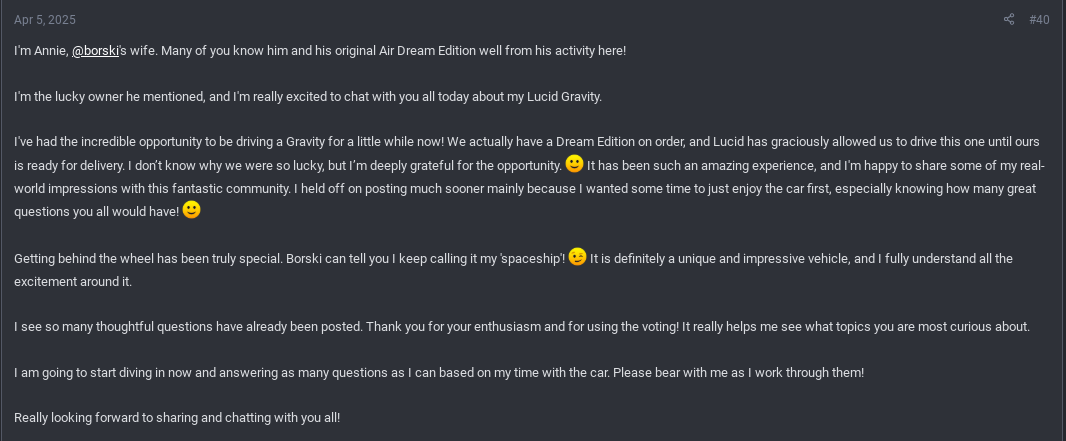 A chat message from Annie, sharing her excitement about driving the Lucid Gravity and engaging with the community about her experience.