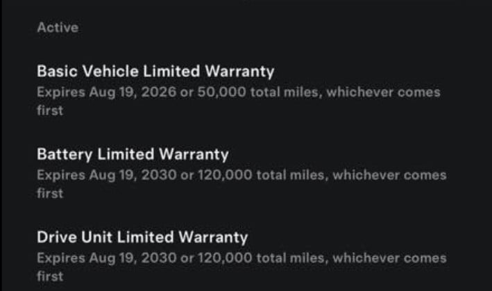 Vehicle warranty details showing basic, battery, and drive unit limited warranty expiration dates and mileage limits