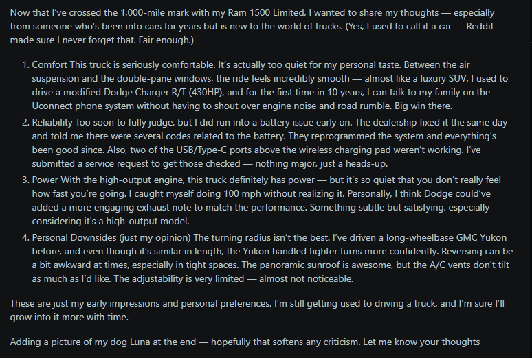 A person shares thoughts on their Ram 1500 Limited truck, mentioning comfort, reliability, power, and handling quirks, with their dog Luna.