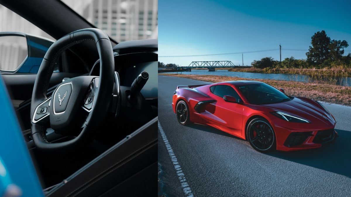 Close-up of a 2024 Corvette steering wheel and dashboard on the left, with a sleek red Corvette parked by a river on the right.