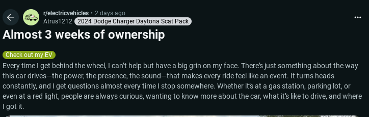 A user shares their excitement about owning a 2024 Dodge Charger Daytona Scat Pack for almost three weeks, highlighting its attention-grabbing presence.