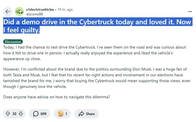 Former Musk fan questions whether or not to buy a Cybertruck